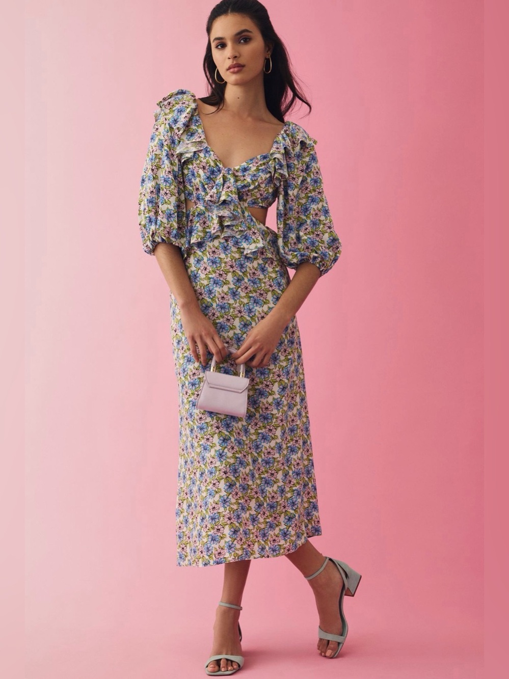 NWT Nobody’s Child Floral Puff Sleeve Cutout Midi Dress Anthropologie Size US 2
